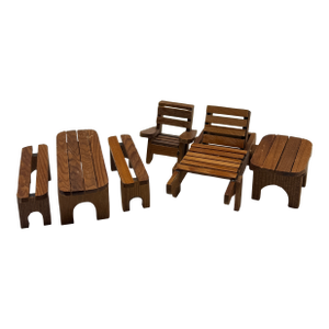 Vintage 1:12 Scale Miniature Wooden Patio Furniture Set – Adirondack Style – Dollhouse Garden Set