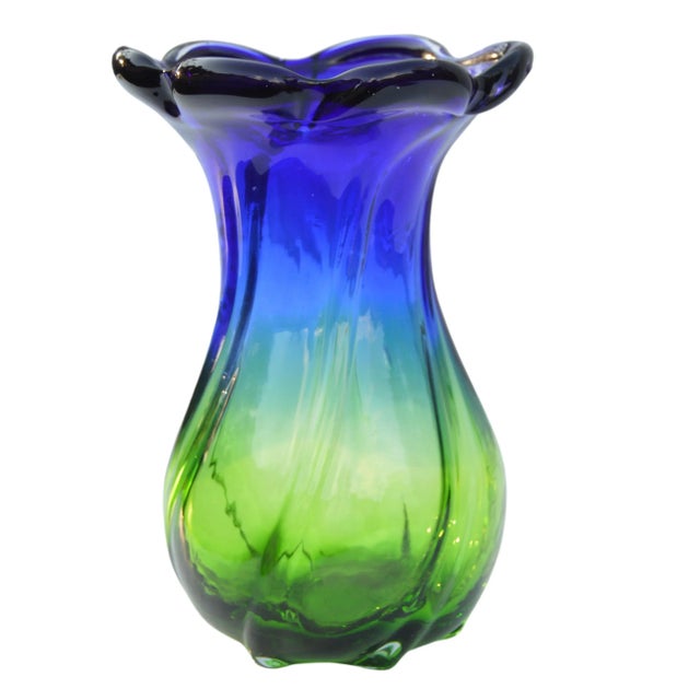 Mid-Century Handmade Blue & Green Glass Vase For Sale - Image 4 of 11