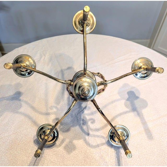 Early 20th Century Vintage French Argand Style Bouillotte Chandelier Five Light Etched Glass For Sale - Image 5 of 15