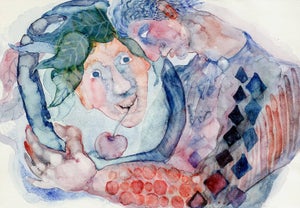 Heimrad Prem, Man and Dionysus Heimrad Prem German Expressionist Watercolor Painting Art Brut, 1972