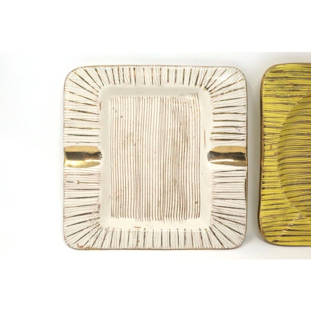 Metal Vintage Italian Square White/Gold and Yellow/Gold Ceramic Made in Italy Ashtrays - a Pair For Sale - Image 7 of 12
