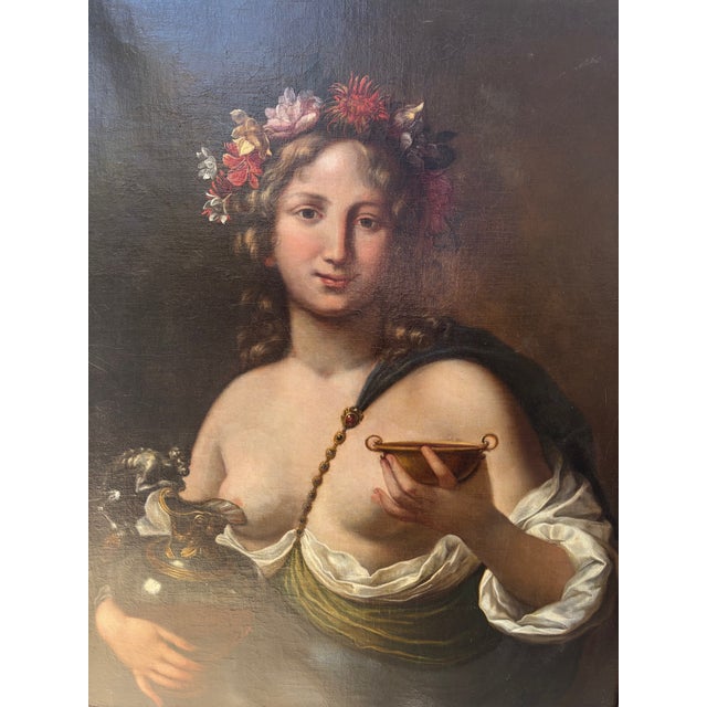 17th Century Framed Oil Painting Italian School Female With Garland of Flowers With Ewer and Cup For Sale - Image 13 of 14