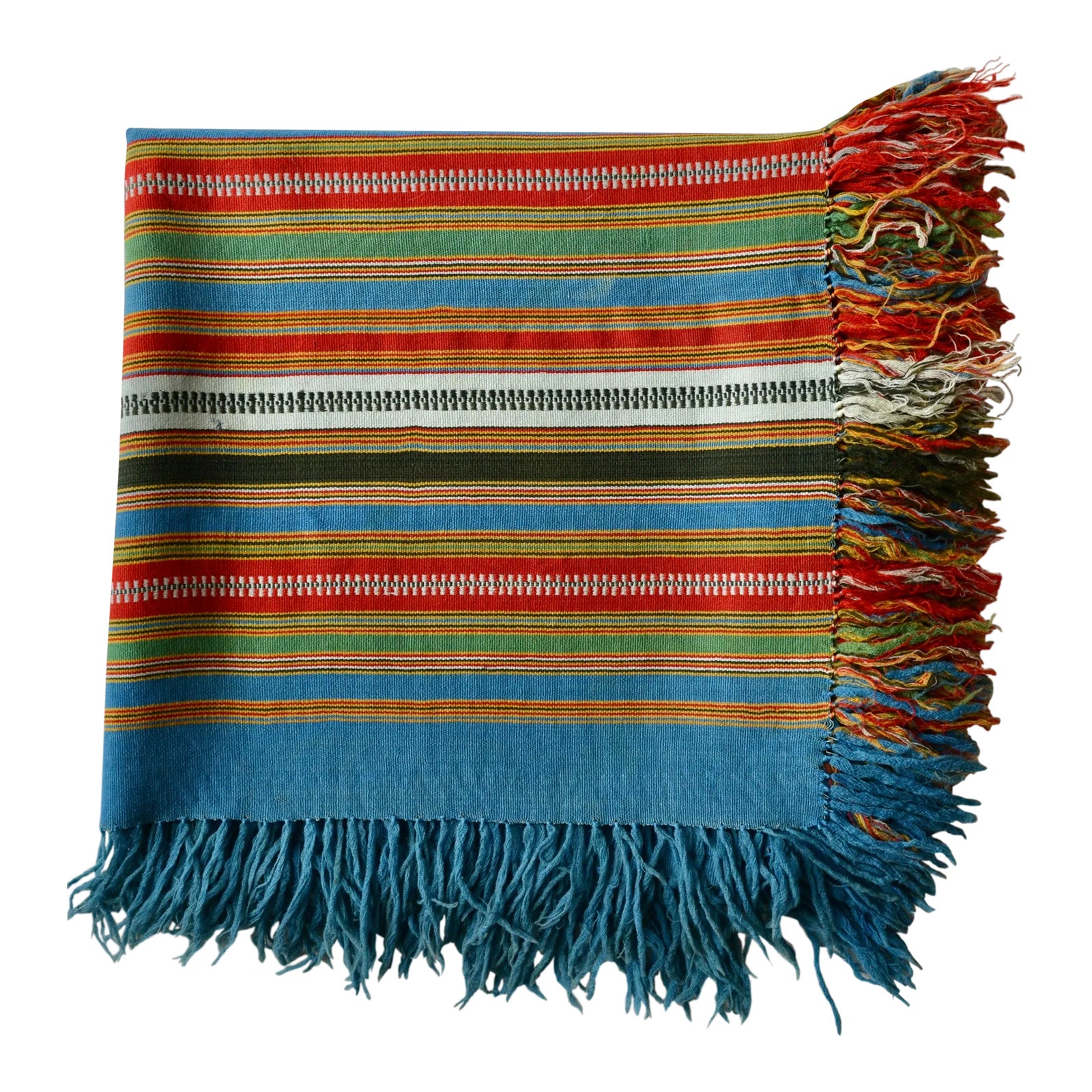 Circa 1910 Antique Blue Striped Lightweight Wool Fringed Carriage