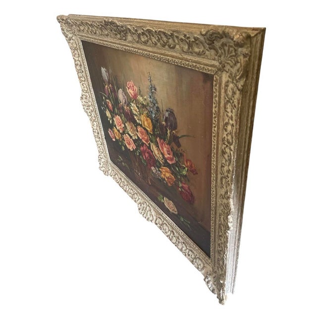 Vintage Continental Floral Still Life Oil Painting – Ornate Baroque Style Frame For Sale - Image 4 of 12