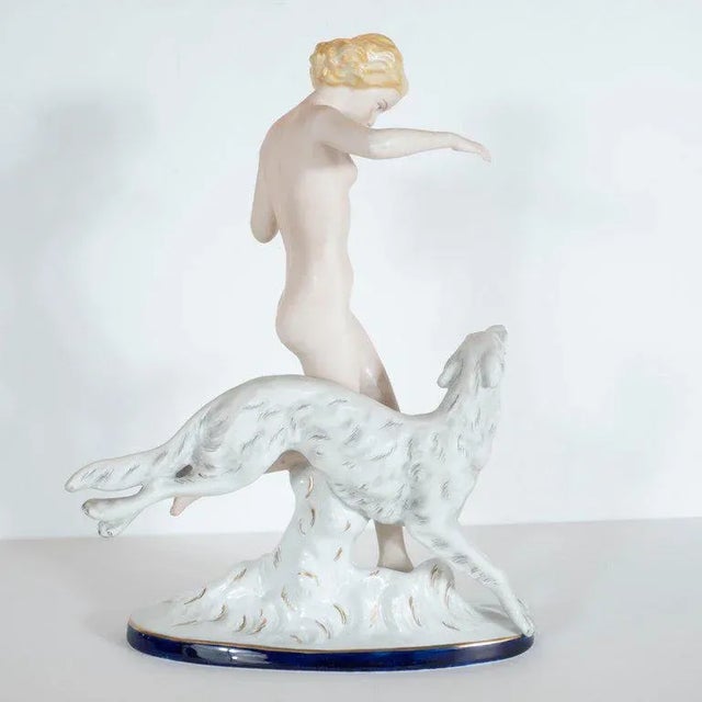 Ceramic Czech Art Deco Hand Painted Porcelain Figurine of Nude Lady With Greyhound For Sale - Image 7 of 10