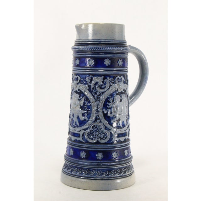 A stunning large Westerwald spouted beer stein/tankard Salt glaze stoneware with cobalt blue underglaze decoration in high...