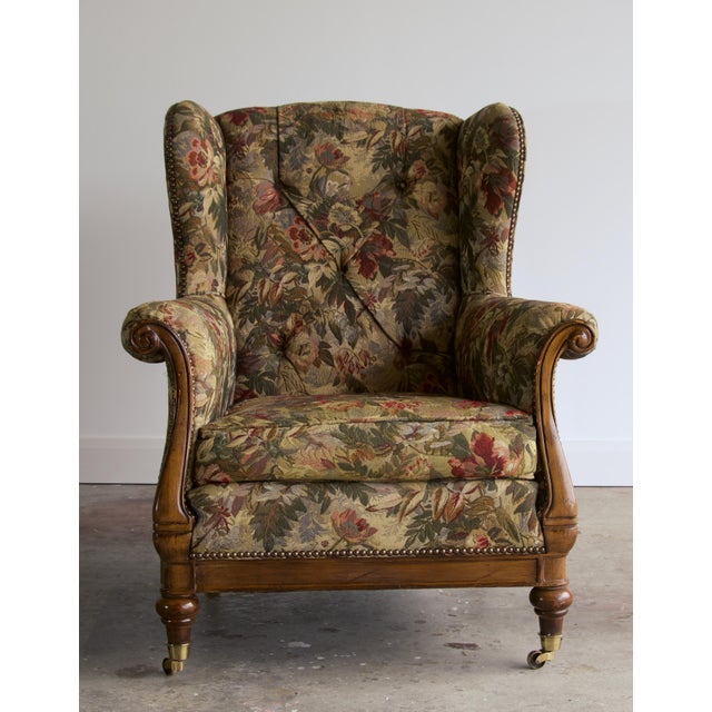 Drexel Heritage Lillian August for Drexel Heritage Tufted Wingback Chair With Scroll Arms and Brass Casters For Sale - Image 4 of 8