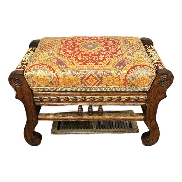 Late 19th Century Victorian Carved Oak Upholstered Storage Bench by Clark, Hunsiker & Co. For Sale