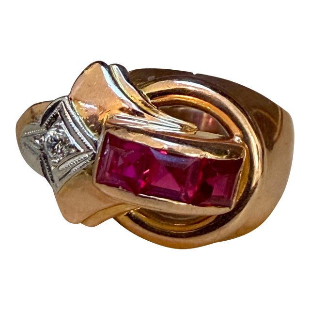 0.60Ct Natural Invisible Set Ruby & Diamond 14 Karat Rose Gold Pinky Ring Size 4 For Sale