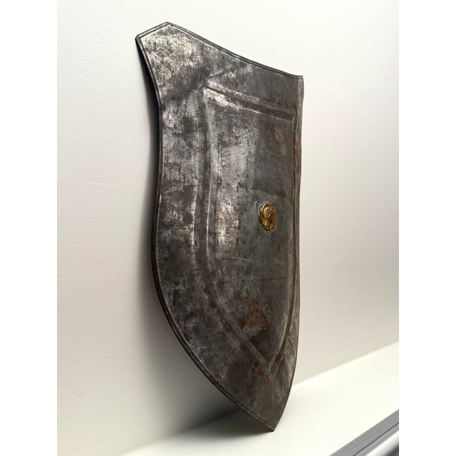 Vintage Medieval Rustic European Brass Medallion & Steel Shield Armor For Sale - Image 10 of 11