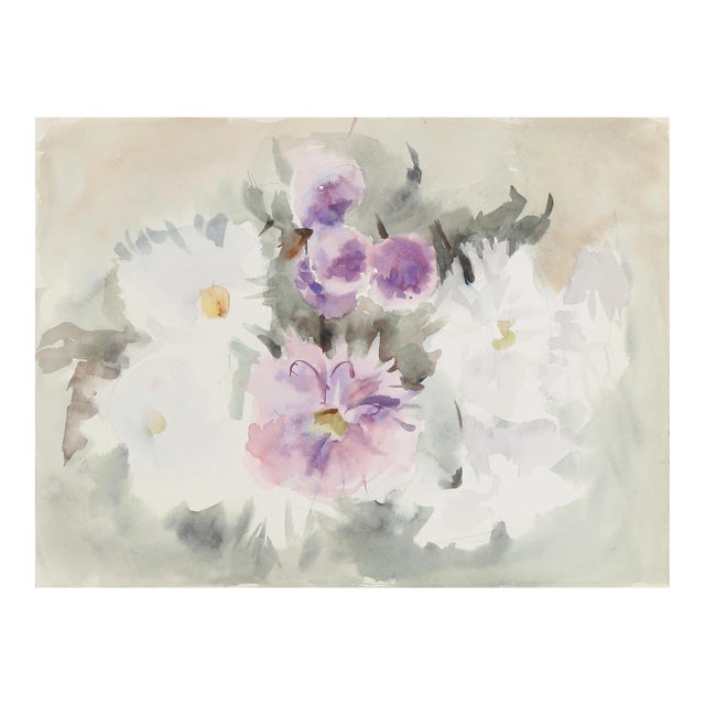 1960s "White and Purple Flowers P1.10" Watercolor Painting by Eve Nethercott For Sale