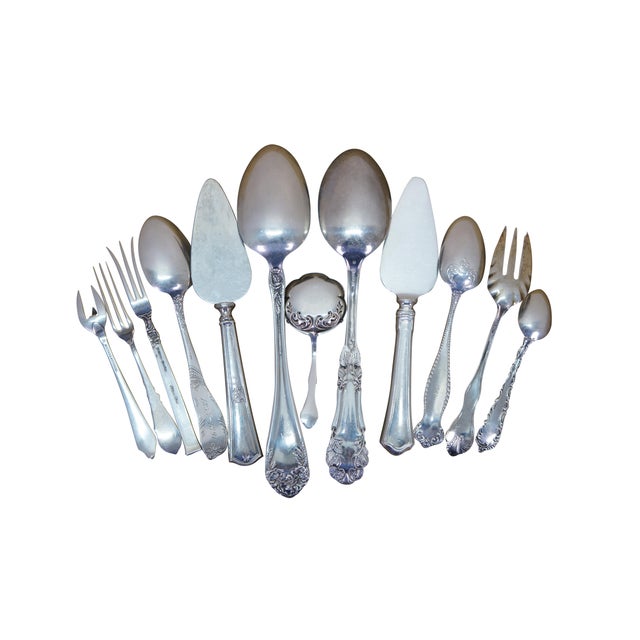 Twelve antique sterling silver 925 serving, dinnerware, and souvenir pieces. Includes Sterling pat 1902 serving fork...