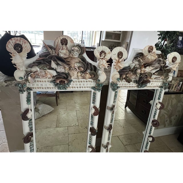 Vintage 60’s Twin Faux Bamboo & Seashell Encrusted Wall Mirrors - Designed by Cheryl P. Kohloff For Sale - Image 13 of 18