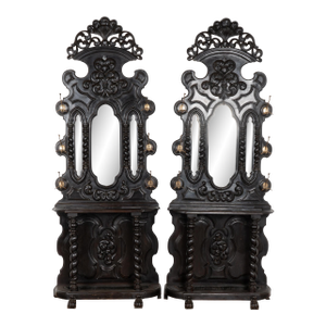 Pair, 19th Century Black Hall Console Tables With Mirror, Coat Rack and Umbrella Stand, Spain