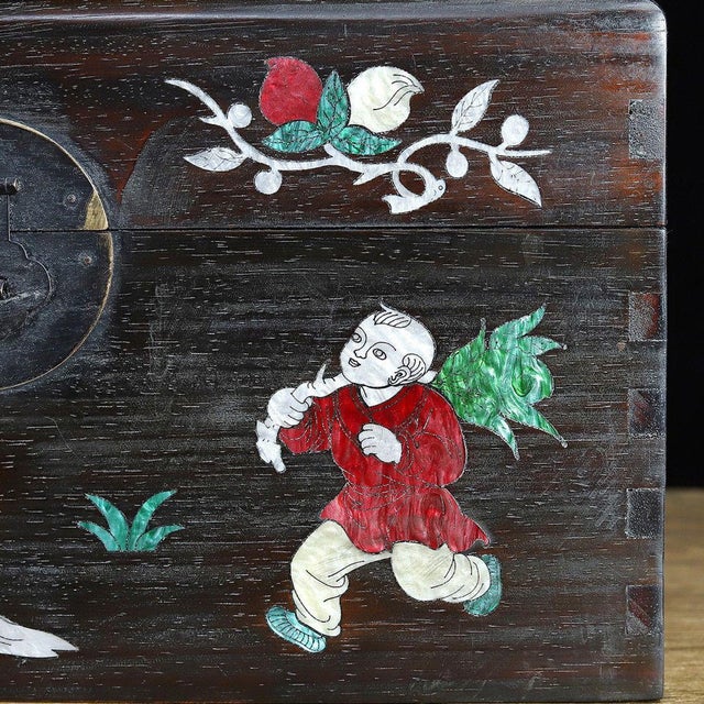 Dark Hardwood Storage Chest, Mother of Pearl Shell Inlay Figural Scenes, Decorative Trunk For Sale In Los Angeles - Image 6 of 9