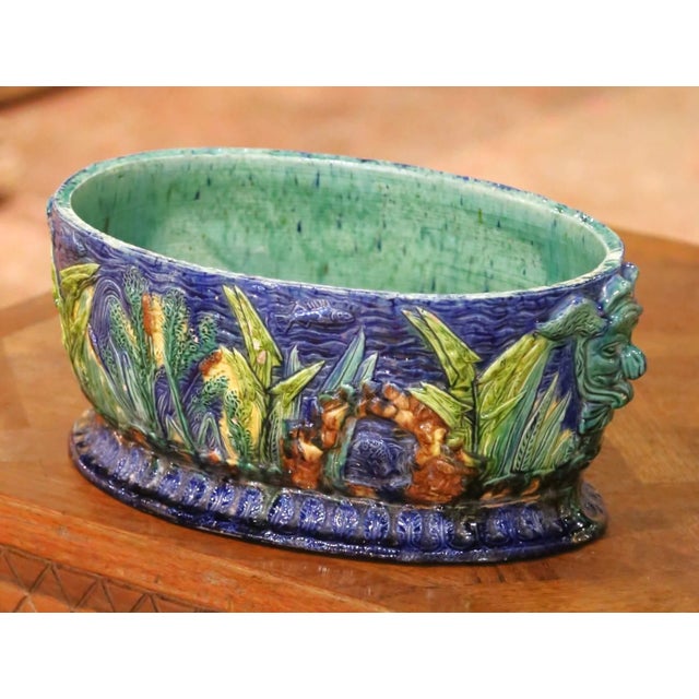 19th Century French Majolica Barbotine Cache Pot With Maskaron Handles For Sale In Dallas - Image 6 of 11