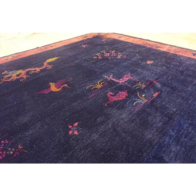 1920s Blue Navy Floral Animal Antique Chinese Art Deco Carpet 9' X 11'6" Knotted Wool Rug For Sale - Image 11 of 15