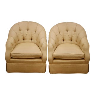 Late 20th Century Re-Upholstered Baker Furniture Button Tufted Barrel Back Chairs - a Pair For Sale