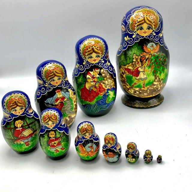 Vintage Hand Painted Signed Matryoshka With Fairy Tale Theme 10 Piece