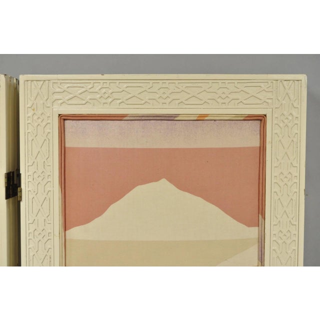 Chinoiserie Vintage Oriental Fretwork Bone Lacquer Upholstered 6 Panel Room Divider Screen For Sale - Image 3 of 18
