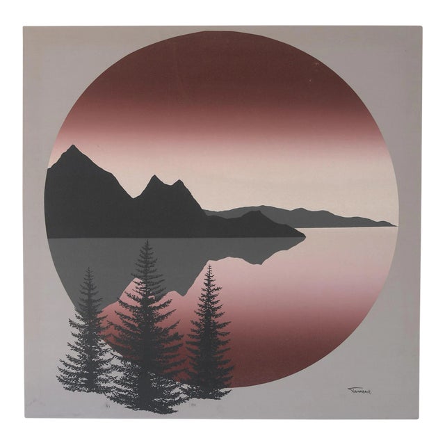 Vintage 70s Landscape Mountains Lake Fabric Painting Wall Art For Sale