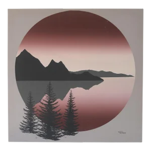 Vintage 70s Landscape Mountains Lake Fabric Painting Wall Art
