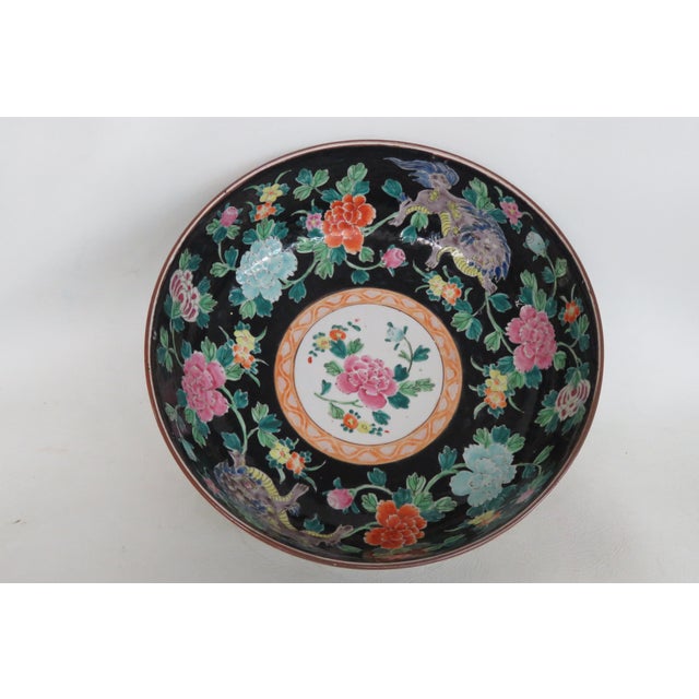 Asian Famille Noire Enamel Glazed Porcelain Centerpiece Bowl Floral Motif 4995b For Sale - Image 9 of 18