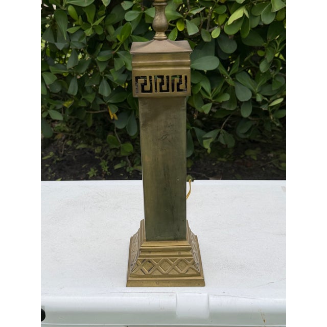 Vintage Greek Key Geometric Brass Table Lamp With Linen Shade For Sale - Image 4 of 12