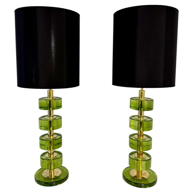 Italian Green Emerald Murano Glass Discs and Brass Lamps with Black Lampshades, 2000s, Set of 2 For Sale - Image 15 of 15