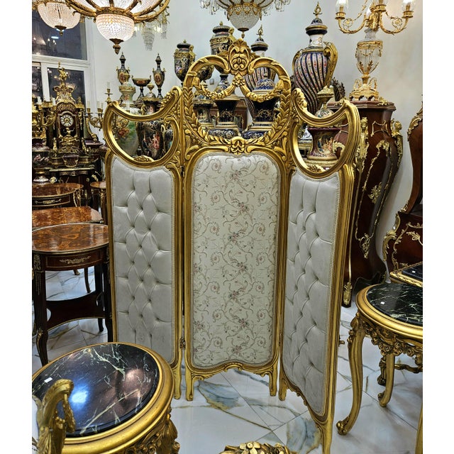 Paravan Room Divider With Gold Leaf Frame – Off White Folding Screen For Sale - Image 4 of 4