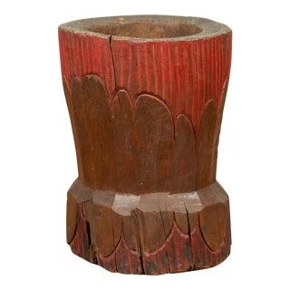 Antique Japanese Wooden Planter with Rustic Appearance and Red Patina For Sale