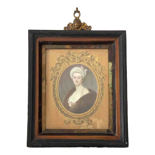 19th Century Cassette Frame with Bronze Cornice and Print of a Lady, France For Sale