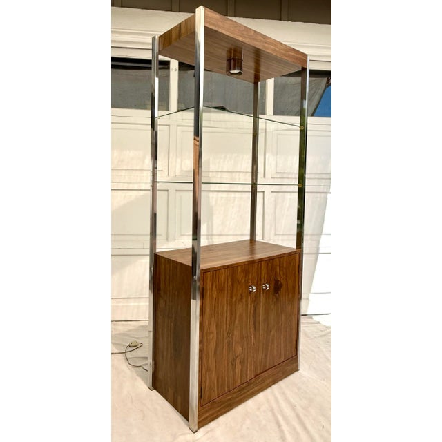 Vintage Chrome and Faux Wood Etagere With Lighted Glass Shelves For Sale - Image 4 of 12