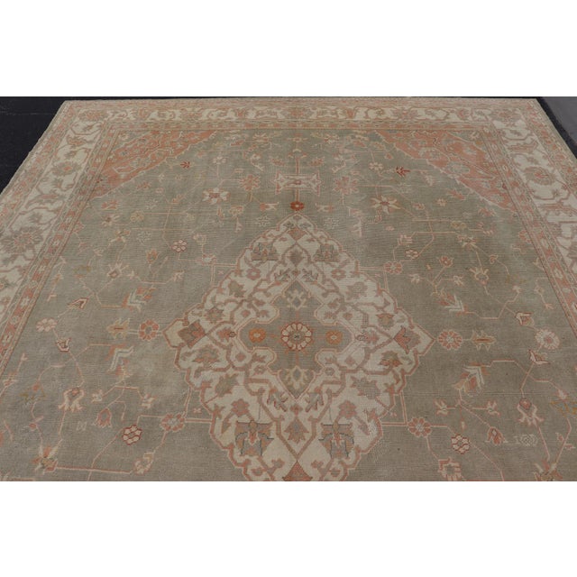 Tribal Large Antique Turkish Oushak With Medallion in Green and Pink 13'4 X 16'4 For Sale - Image 3 of 12