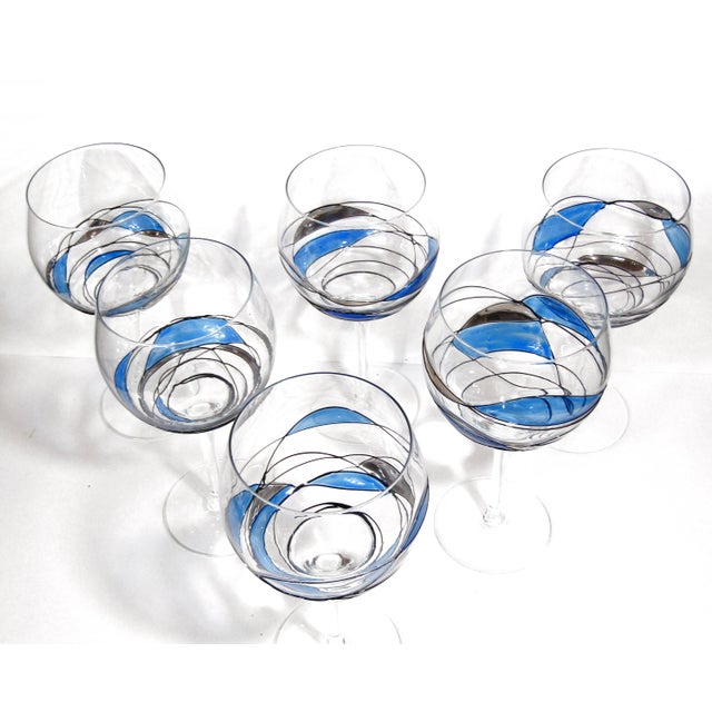 Modern 1990s Mosaic Stained Glass Wine Glasses 16oz | Hand-Painted Blue & Gray Accents | Modern Artistic Glassware | Wine Lover Gift - Set of 6 For Sale - Image 3 of 7