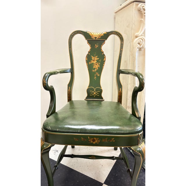Queen Anne Mid-Century Chinoiserie Green Leather Arm Chairs - Queen Anne Style For Sale - Image 3 of 10