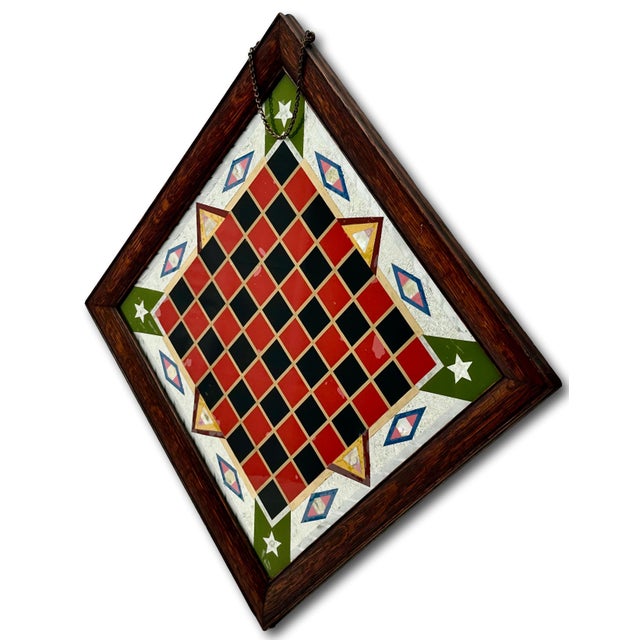 Fancy & Colorful Antique Oak Framed Reverse Painted Glass With Abalone Shell & Silver Foil Backed Wall Hanging Game Board For Sale - Image 12 of 18