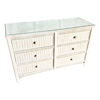 Boho Chic White Washed Wicker Glass Top Dresser For Sale