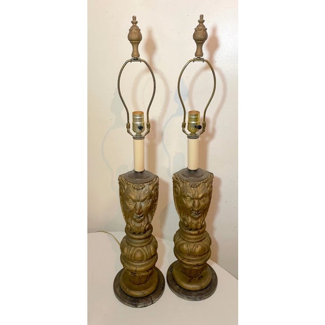 Brass Pair Antique Large Hand Carved Victorian Wood Architectural Salvage Table Lamps For Sale - Image 8 of 14