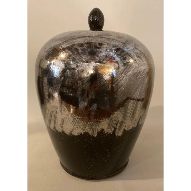 Stunning Dramatic Black and Platinum Lustre Glazed Ceramic Ginger Jar - Gary McCloy of Los Angeles. Truly a conversation...