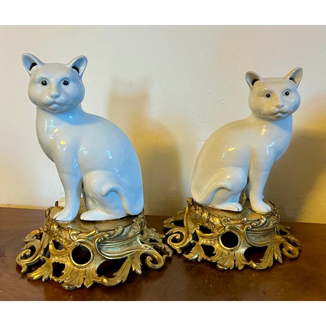 Antique 19th Century Japanese Blanc De Chine Models of Seated Cats Mounted on French Gilt Bronze Ormolu Bases - A Pair For Sale - Image 9 of 12