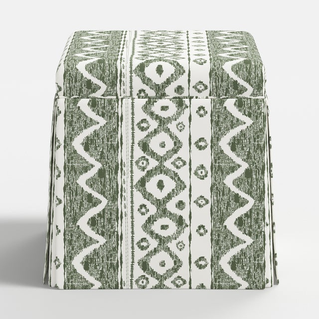 Spritely Home Dyer Skirted Storage Ottoman in Linny Ikat Sage For Sale - Image 4 of 5