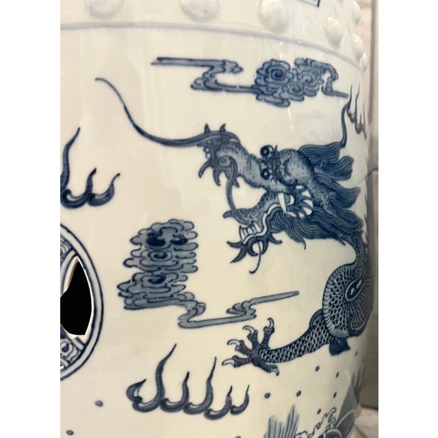 Mid 20th Century Blue & White Chinese Dragon Garden Stool Side Tables - A Pair For Sale - Image 9 of 15