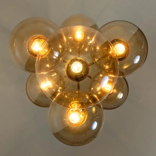 Brass Cascade with Seven Hand Blown Globes Ceiling Lamp from Glashütte Limburg For Sale - Image 10 of 11
