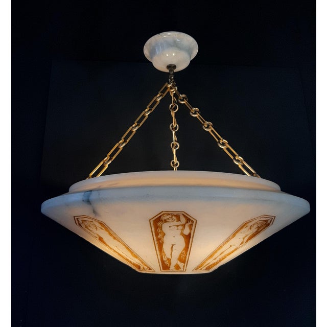 Metal Art Deco Three-Light Alabaster Pendant Lamp, 1920s For Sale - Image 7 of 12