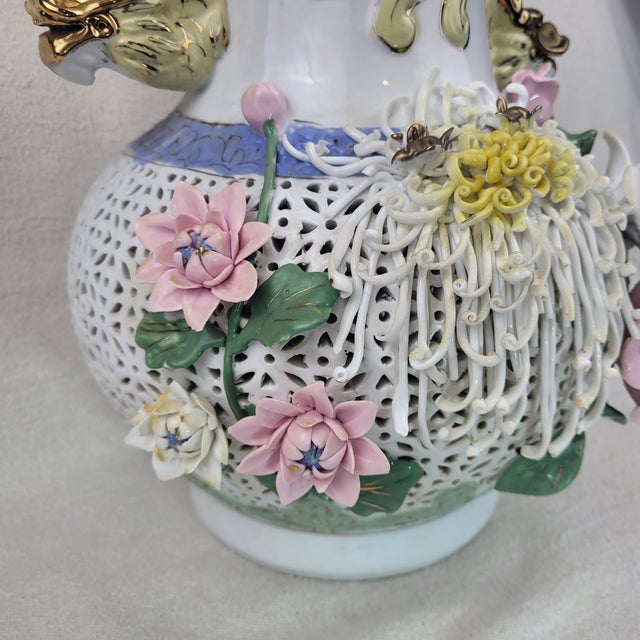 Vintage Large Porcelain Dragon Handle Reticulated Floral Vase Gold Gilt For Sale - Image 10 of 18