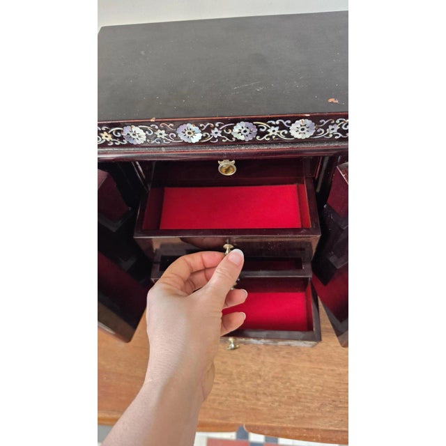 Black Vintage Chinese Mother of Pearl Jewelry Cabinet Lacquer Wood Inlaid Peacock Bird Miniature Chest Drawers Asian Decor For Sale - Image 8 of 12