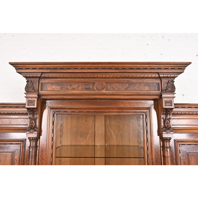 Herter Brothers Style Monumental Antique Eastlake Victorian Carved Walnut and Burl Wood Triple Bookcase Cabinet For Sale - Image 9 of 13