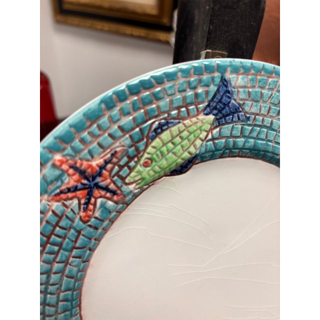 Unique vintage Italian mosaic hand painted lunch plates. This set of 6 decorative ceramic plates feature a blue and teal...