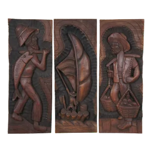 Set of 3 Mid 20th Century Folk Art Carved Mahogany Low Relief Fishermen Farmer Sailboat Wall Plaques